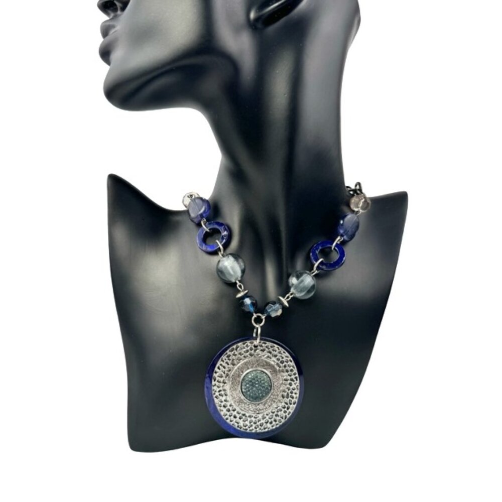 Blue & Silver Tone Large Pendant Statement Necklace 12"